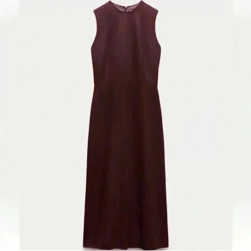 NWT ZARA DRESS ZW COLLECTION BURGUNDY LINED WOOL A LINE SLIGHT FLARE - Picture 4 of 5
